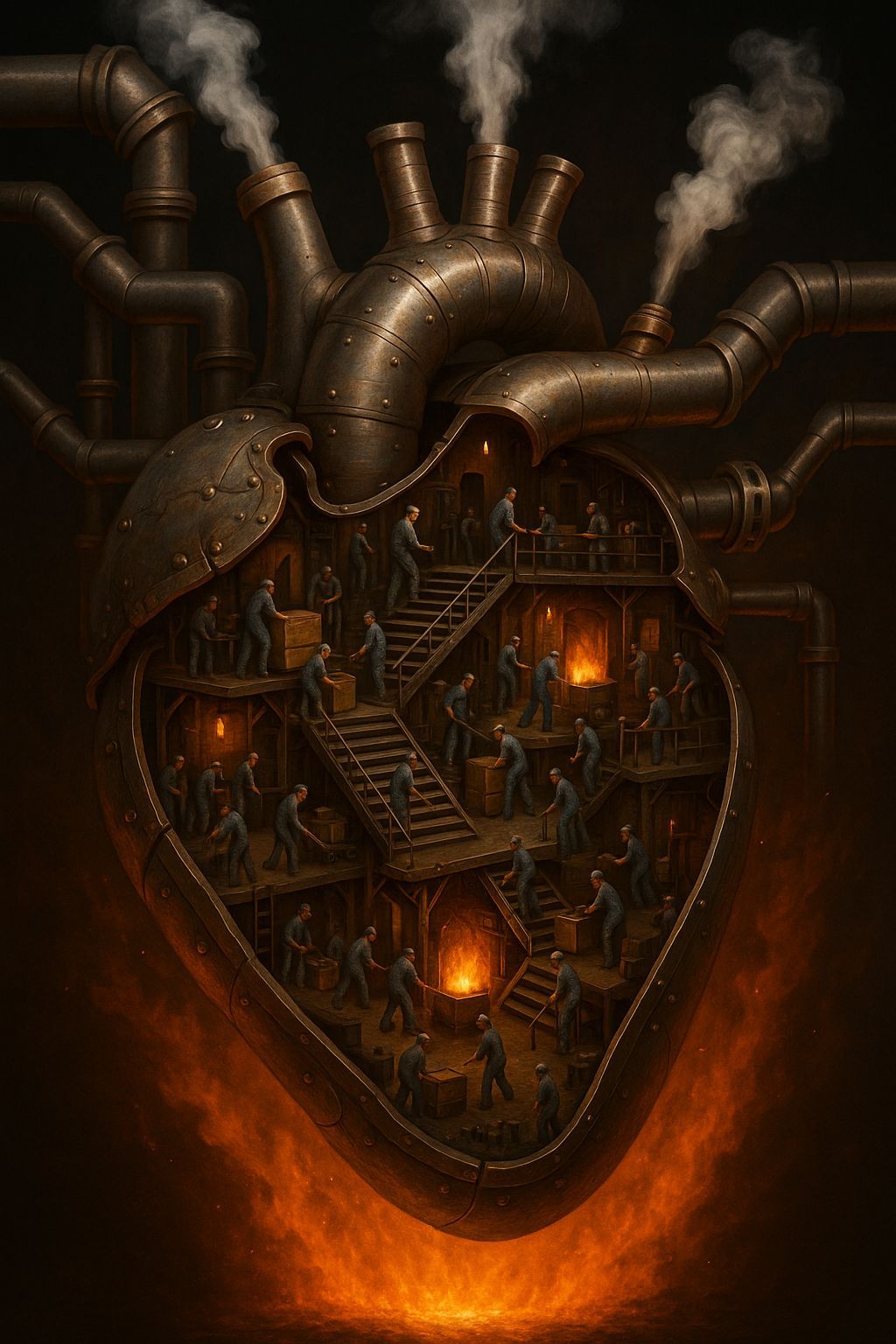 Steampunk Robot Heart with Human Workers Inside