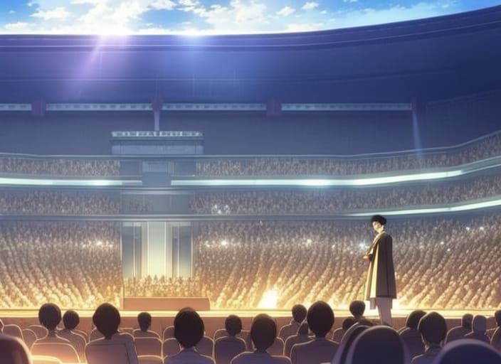 Anime Key Visual of Public Speaker in Auditorium