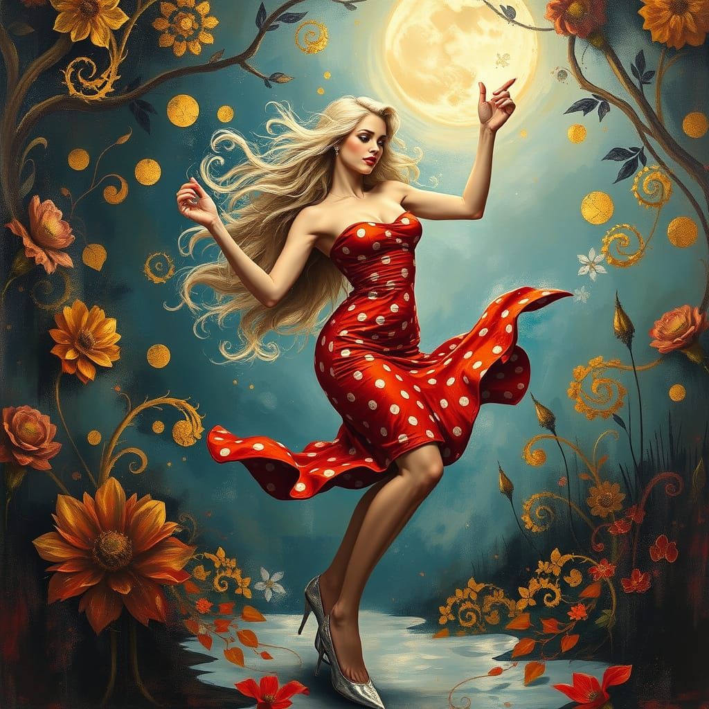 Sultry Pin-Up Goddess in a Golden, Moonlit Oasis