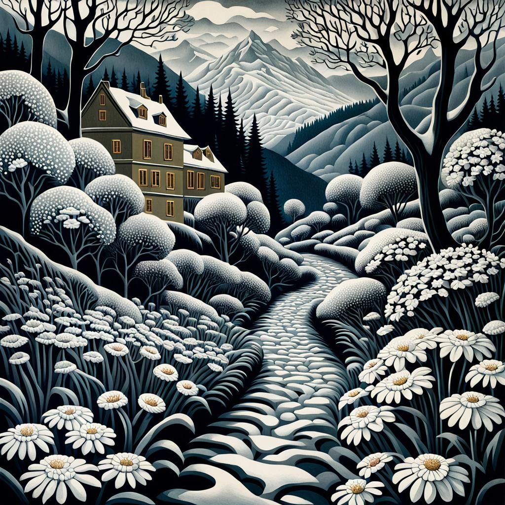 Surreal Floral Winter Wonderland in Moody Art