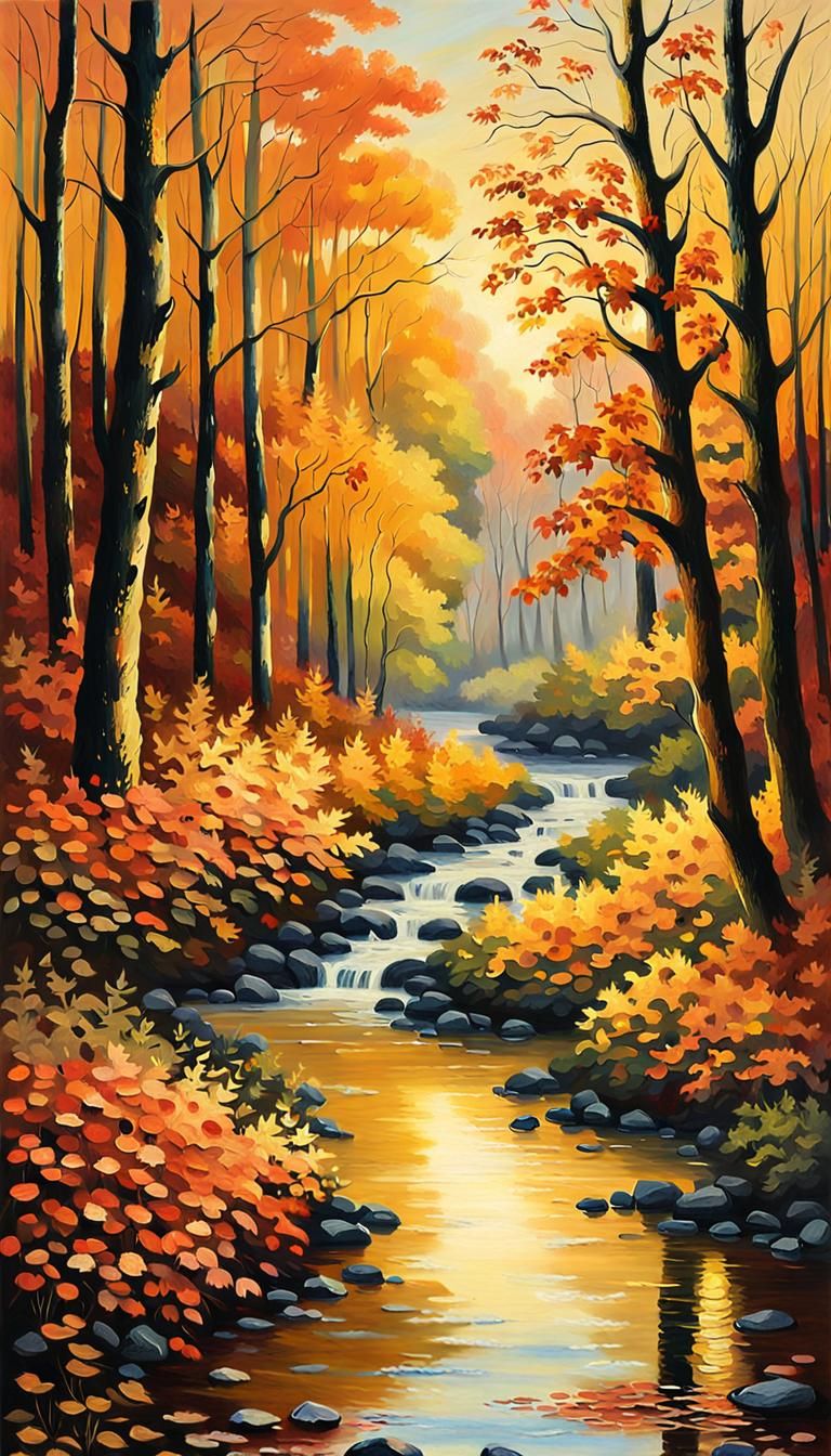 Autumn Forest Path at Dusk: Impressionist Landscape