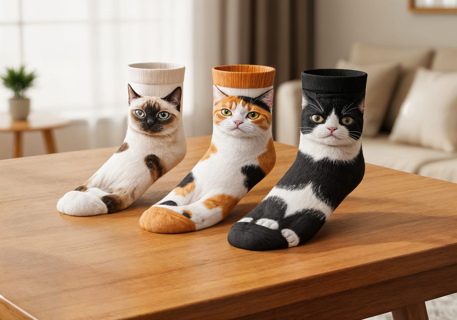 Colorful Cat Socks on Wooden Table