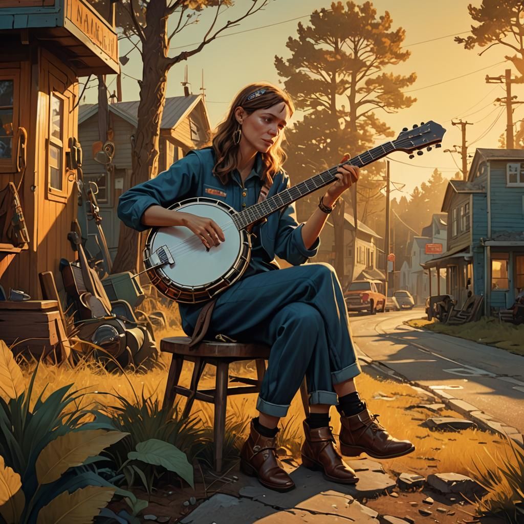 Banjo Player on a Woman's Finger: Fantasy Art