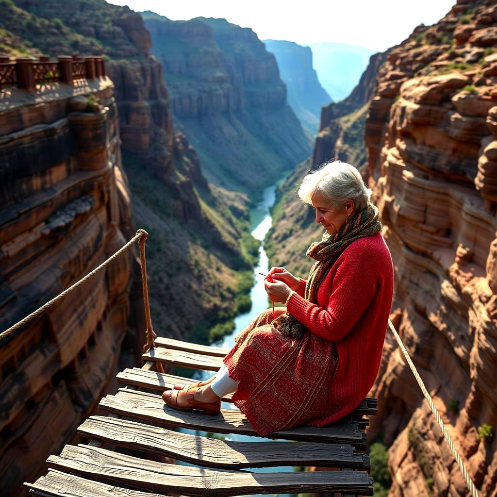 Elegant Woman Knitting on Footbridge