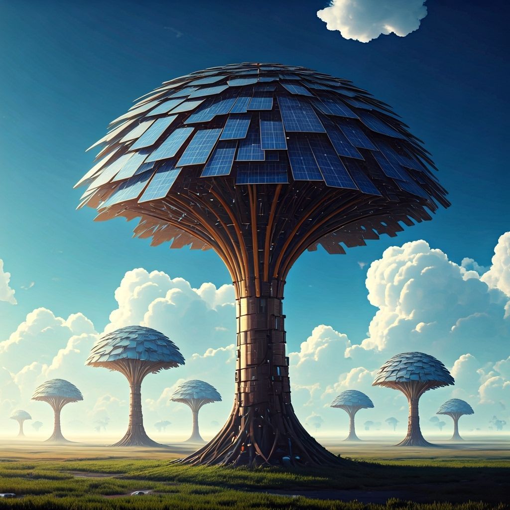 Robotic Solar Tree in Futuristic Dystopian Landscape