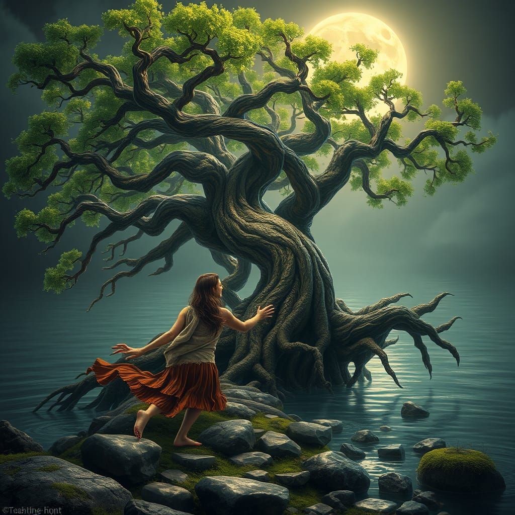 Anthropomorphic Trees Chase on Moonlit Riverbank