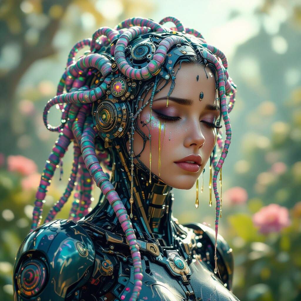 Cyborg Weeping Oil in Surreal Biomechanical Garden