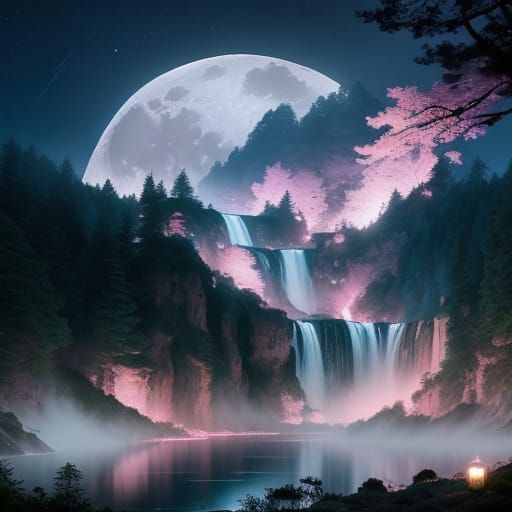 Dreamscape Moonlit Waterfall Over Serene Lake
