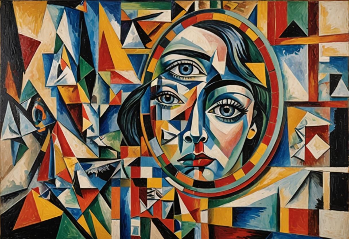 Geometric Woman Gazing into Fractured Mirror in Cubist Style