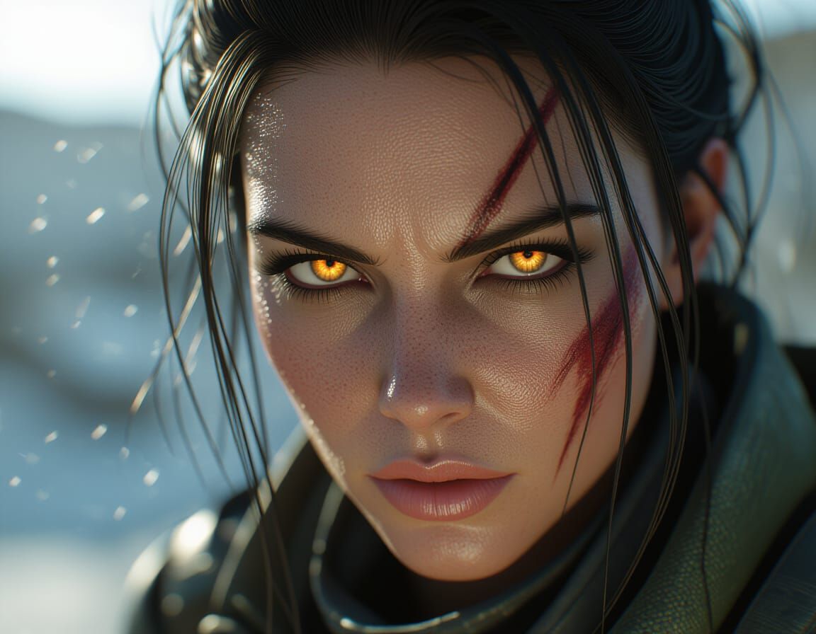 Dystopian Dreamwoman with Fiery Eyes in 3D Render