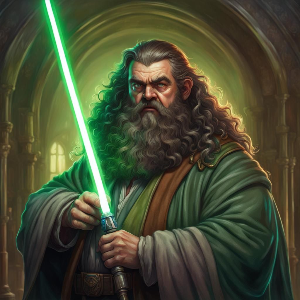 Giant Man Portrait Holding Green Lightsaber