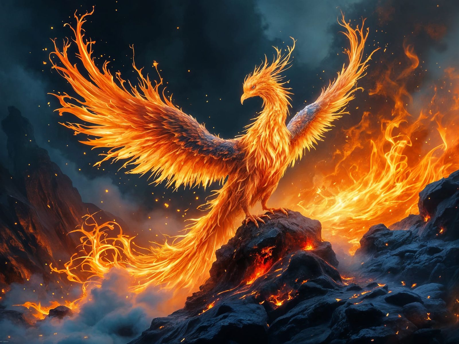 Surreal Fire Bird soars beside Lava Pool in Whimsical, Dream...