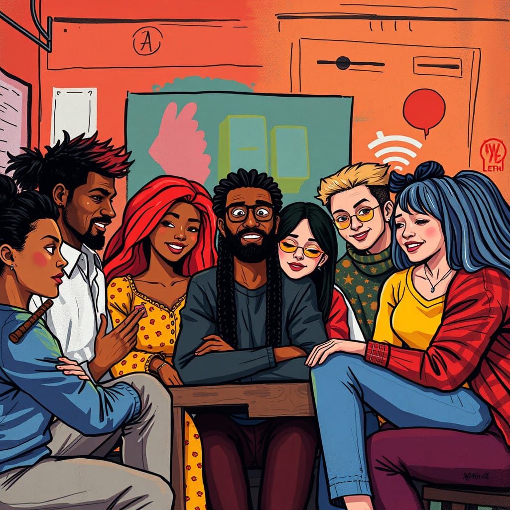 Diverse Friends Collaborate in Vibrant Artistic Style