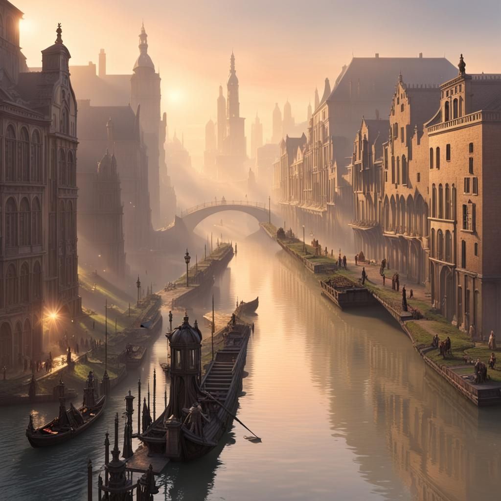 Fantasy City Canals Levees in Early Morning Sun