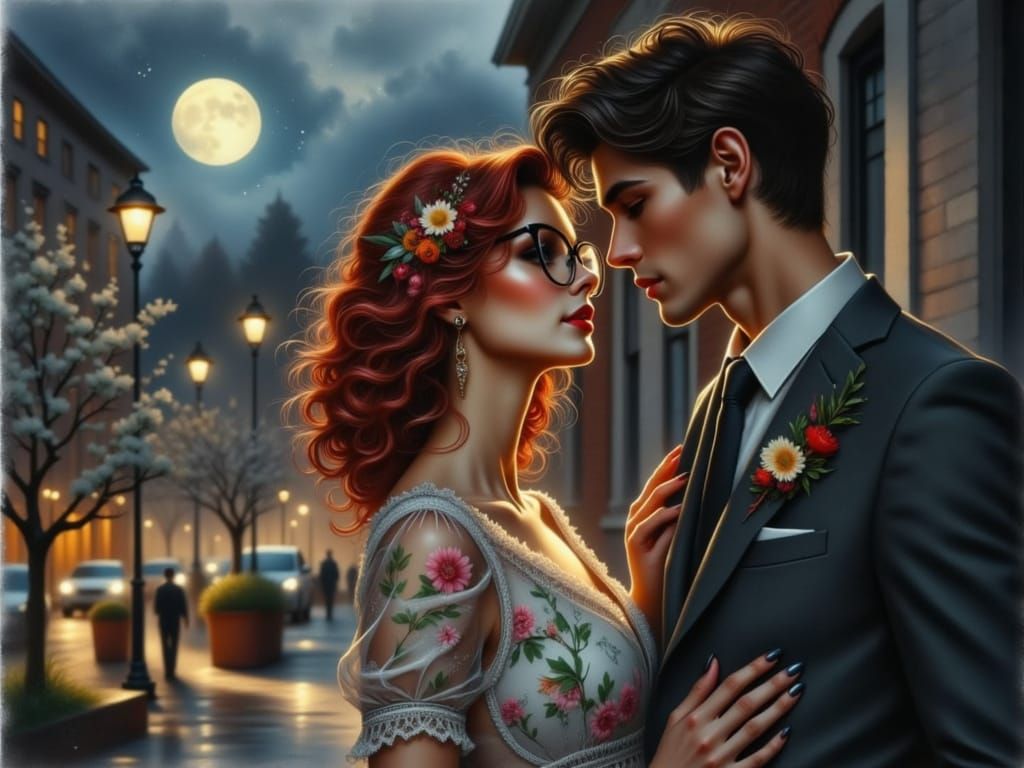 Romantic Moonlit Encounter in Whimsical Watercolor Style