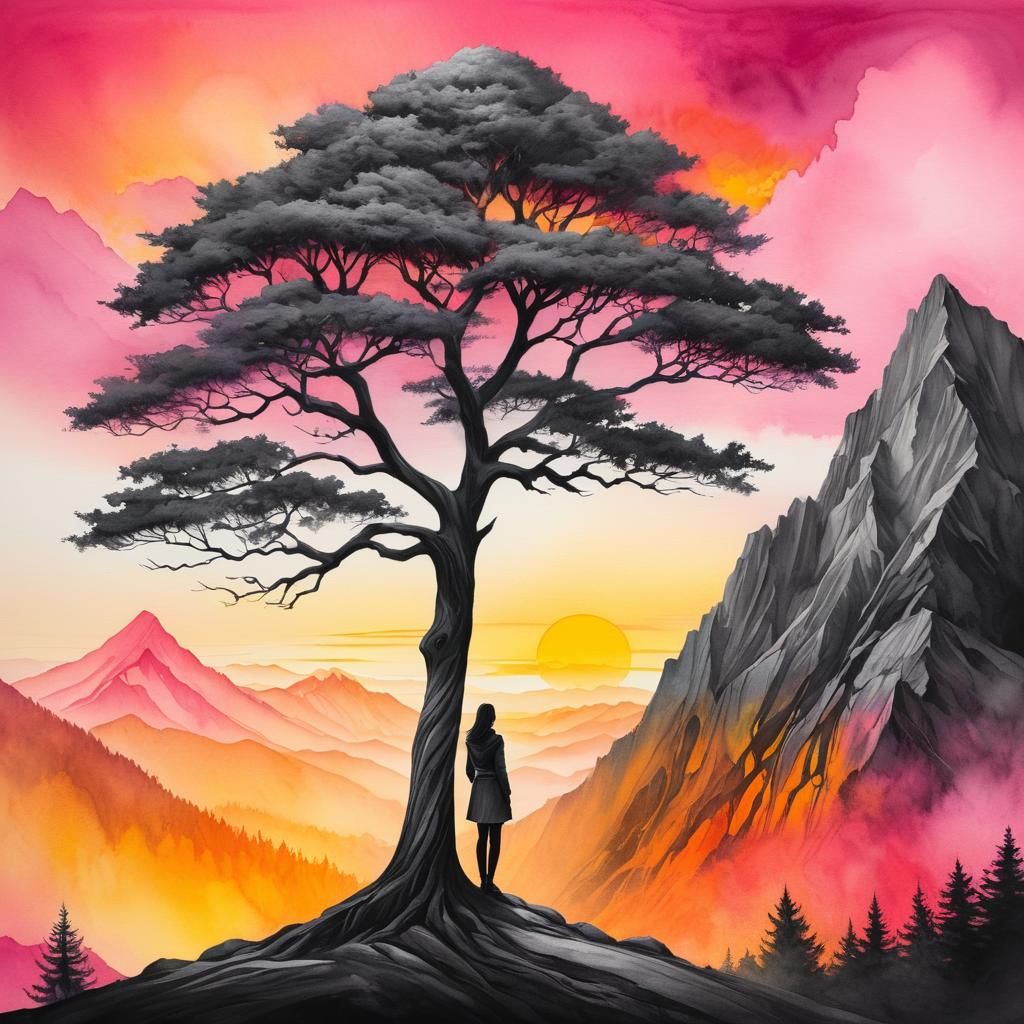 Surreal Charcoal Woman and Airbrushed Tree Landscape