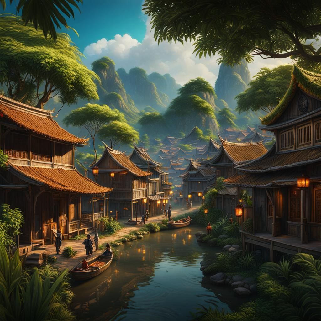 Vietnamese Village Scene in Detailed Matte Painting