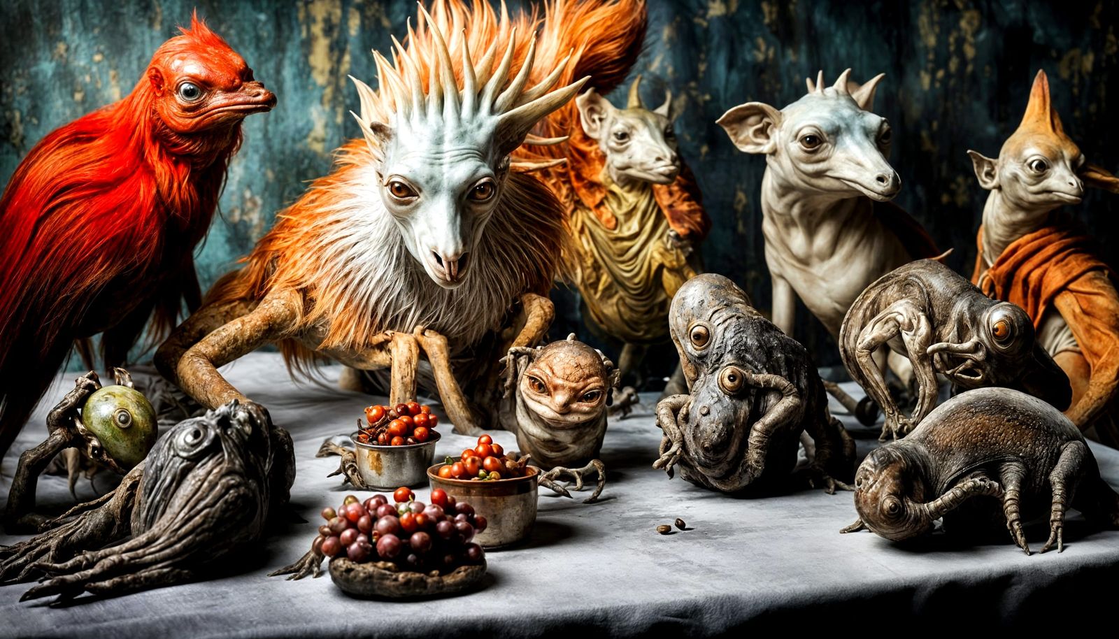 Surreal Restaurant Scene with Exotic Aliens