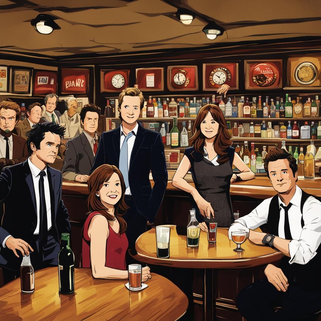 Barney Stinson, Ted Mosby, Marshall Eriksen, Lily Aldrin and Robin Scherbatsky in a bar