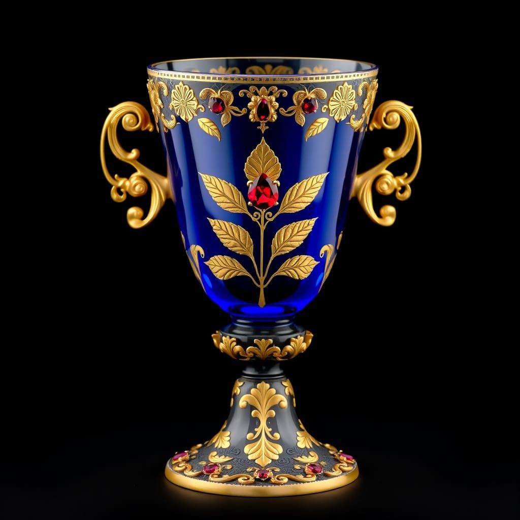 Ornate Sapphire Chalice with Gold Floral Embellishments