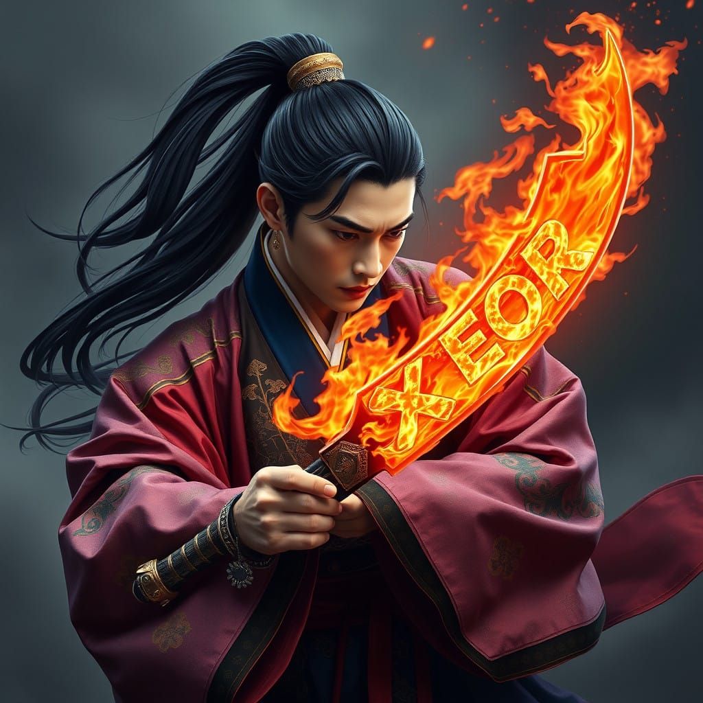 Traditional Warrior Ignites Blade in Fiery Hanbok Finery