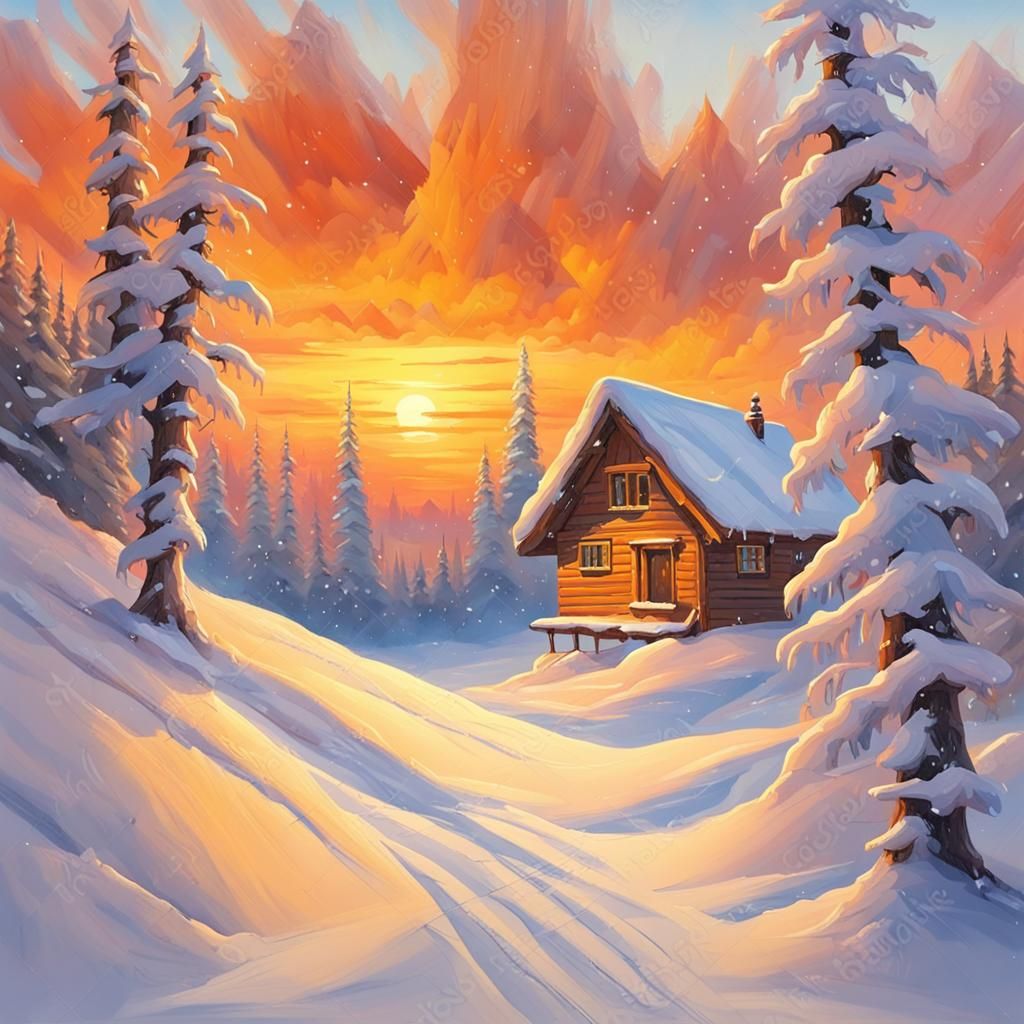 Magical Winter Landscape Painting with Sunset