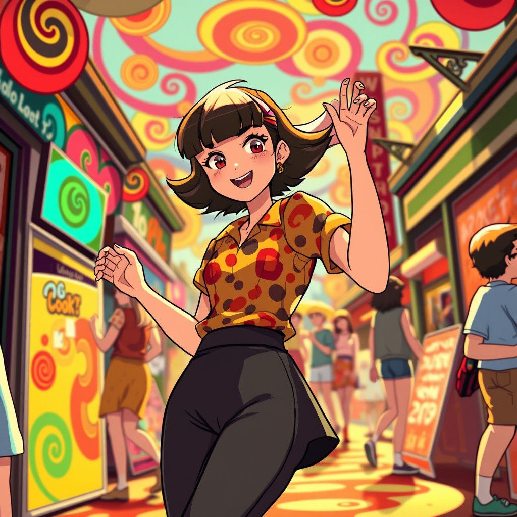Groovy 1960s Mod Girl Dancing in Anime Style