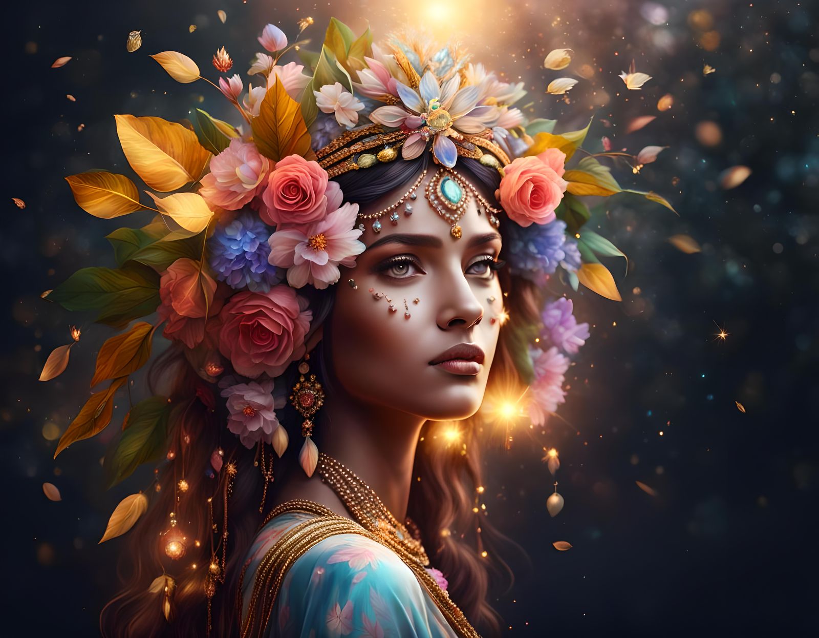 Goddess with Floral Headdress in Hyperrealistic Style
