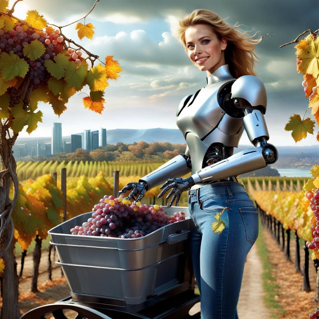 Robotic Grape Harvest in Autumnal Cyberpunk Vineyard