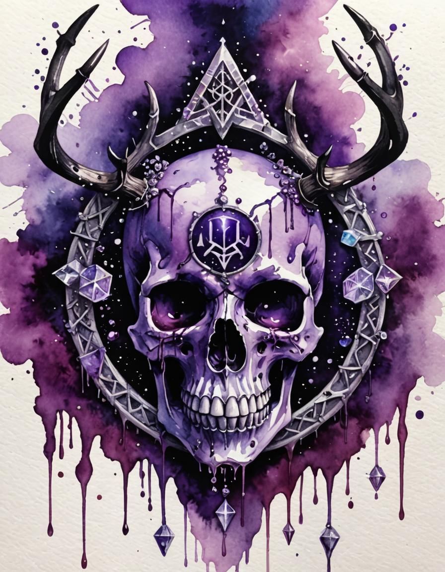 Gothic Skull with Antlers in Watercolour