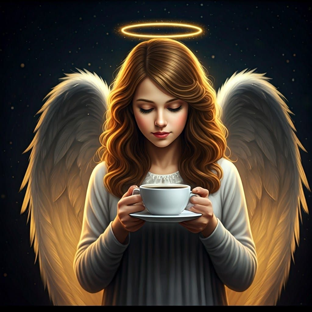 Surreal Christmas Angel Enjoys Morning Coffee in a Cyberpunk...