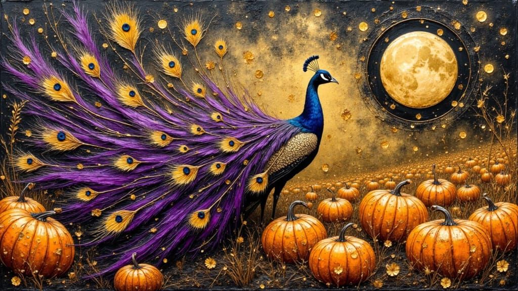Purple Peacock in Pumpkin Patch as Dreamscape Painting
