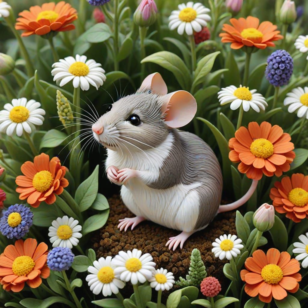 Mouse in Flower Garden, Classic Illustration Style