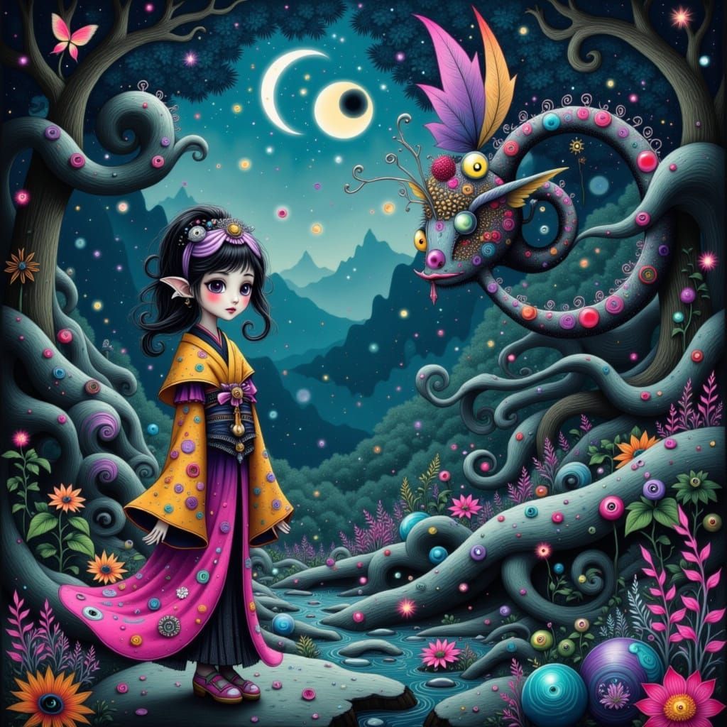 Mystical Yōkai in Moonlit Forest, Surreal Fantasy Art