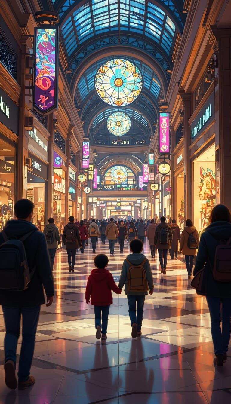 Miniature People in Bustling Mall, Detailed 8k Render