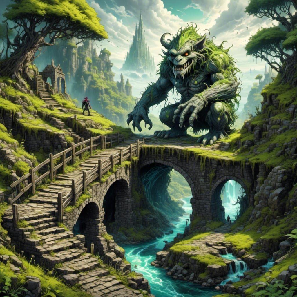 Gray Troll Guarding Ruined Stone Bridge