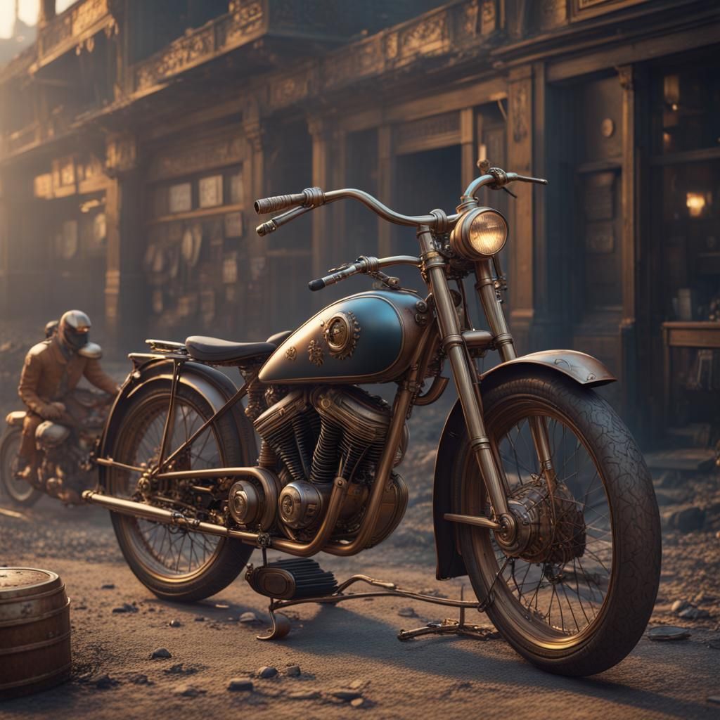 Fantastical 1880s Retro Motorcycle: Detailed Matte Painting