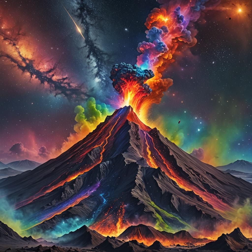 Rainbow Volcano Eruption in Hyperrealistic Splash Art