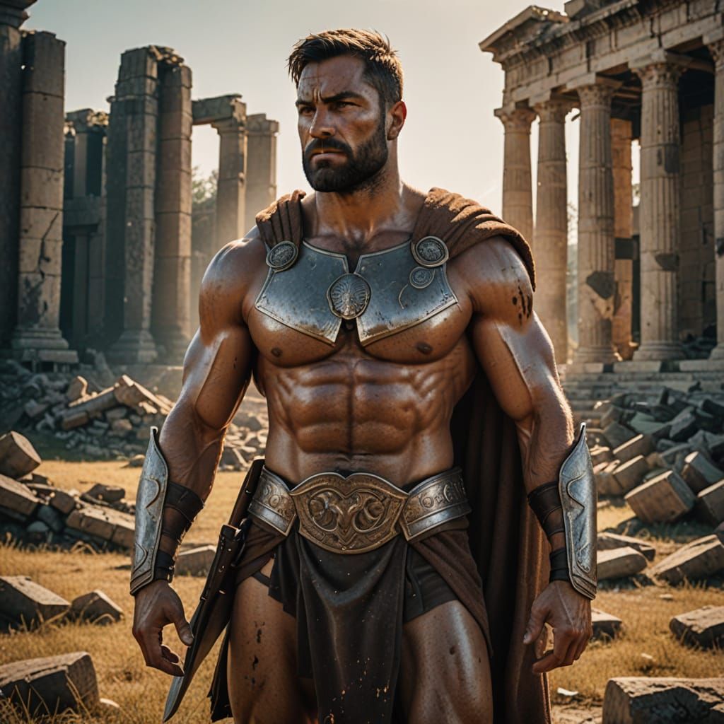 Ancient Warrior in Powerful Stance on Ruins