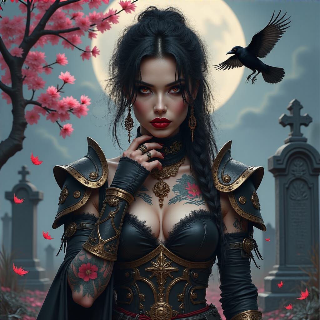 A stunning, beautiful, oriental woman, warrior standing in f...