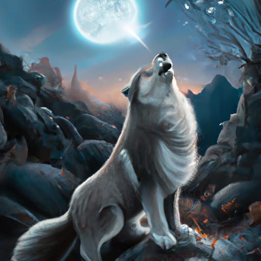 Canadian Wolf Howling at Moon: Detailed Matte Painting