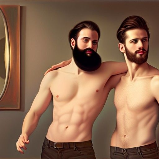 Seductive Gay Couple in Room, Hyper-Realistic CGI