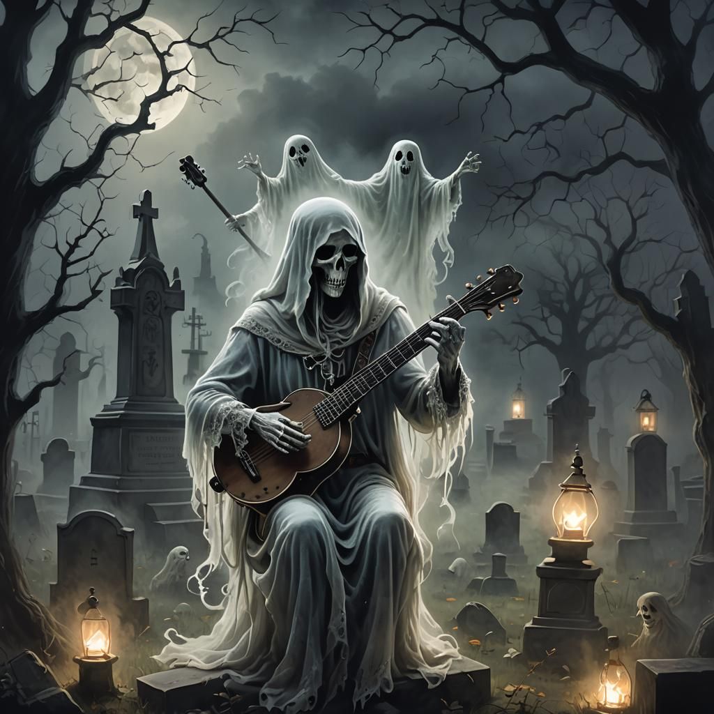 Ghostly Banjo Player in Graveyard, Eerie Illustration