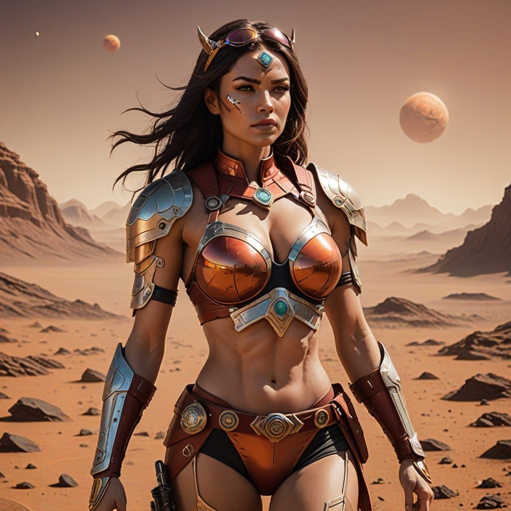 Busty Warrior Queen in Red Bikini on Mars