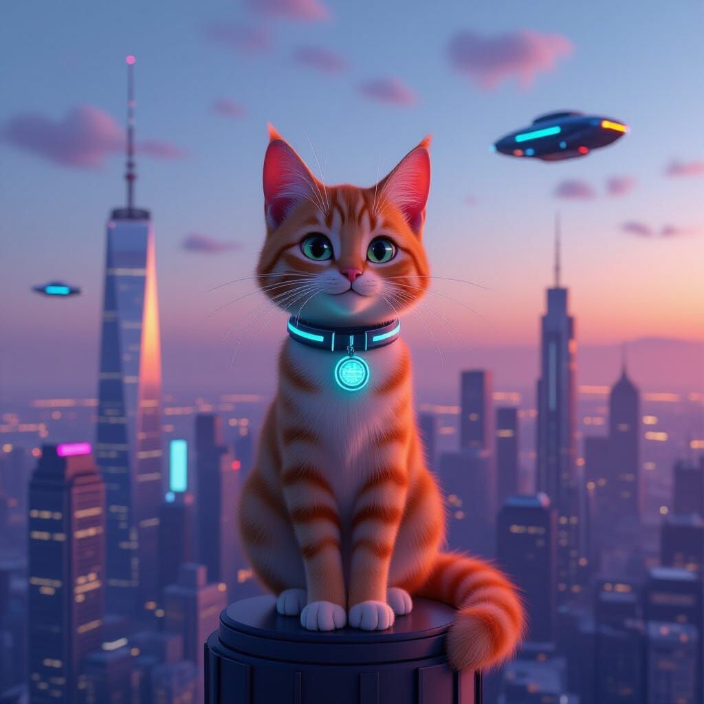 Ginger Cat Over Neon Cityscape: 3D Digital Art