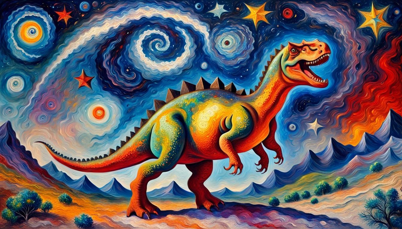 Starikosaurus in Cosmos: Vivid Impasto Oil Painting