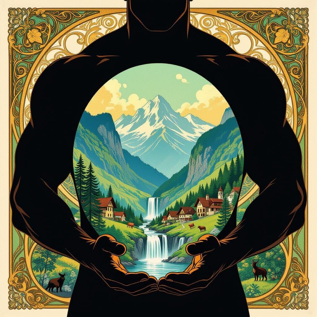 Man Holds Miniature World in Art Nouveau Style