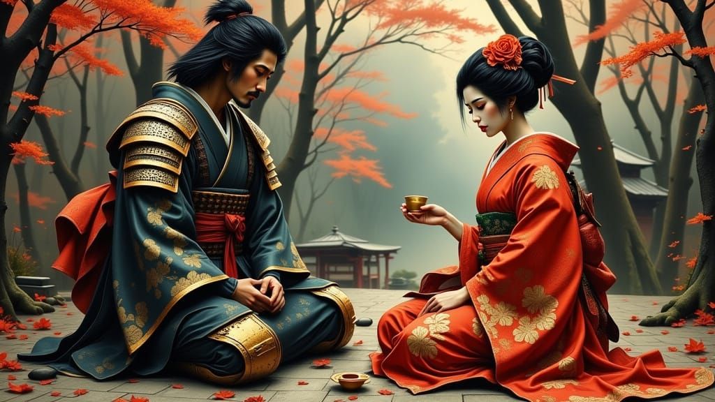 Ancient Japan Samurai and Geisha Tea Ceremony