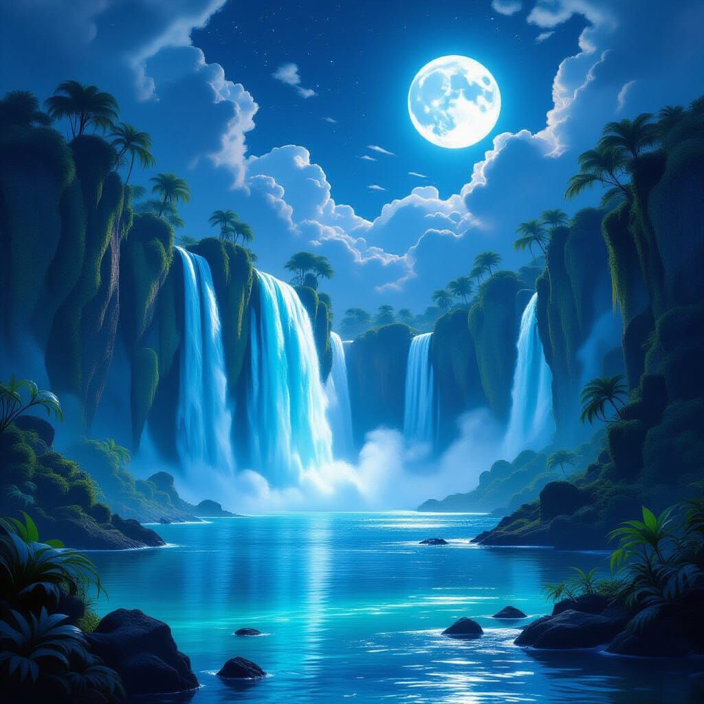 Alien Waterfall Under Twin Moons in Detailed Concept Art