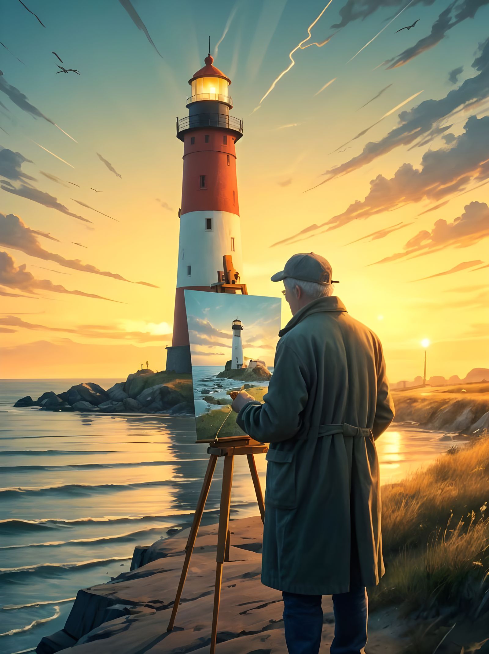 Hyperrealistic Coastal Painting with Lighthouse at Dawn